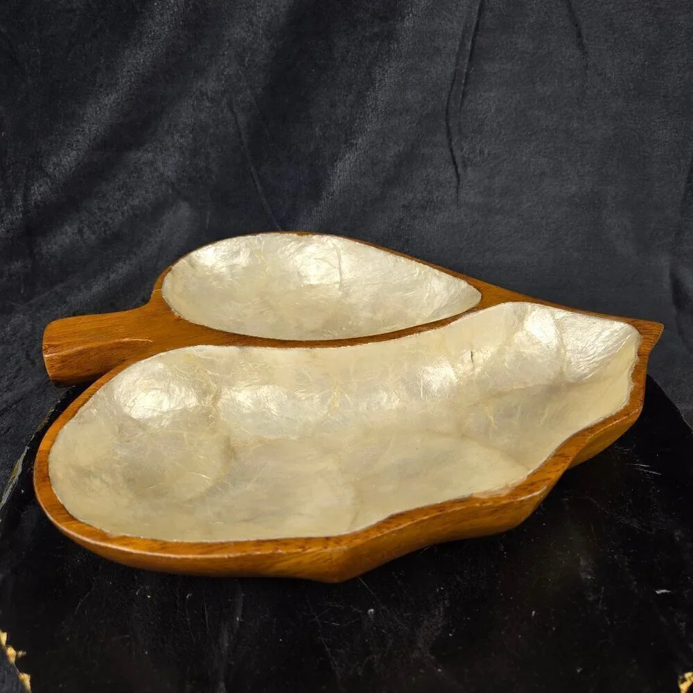 Vintage Two Section Leaf Dish Monkey Pod Wood with White Capiz Shell Inlay